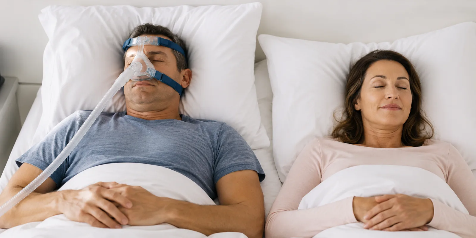Homme dormant équipé d’un masque de PPC, traitement de l’apnée du sommeil à Nice